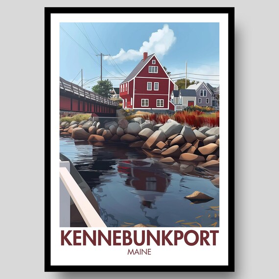 Kennebunkport Maine Red House River Bridge Coastal Scene Poster