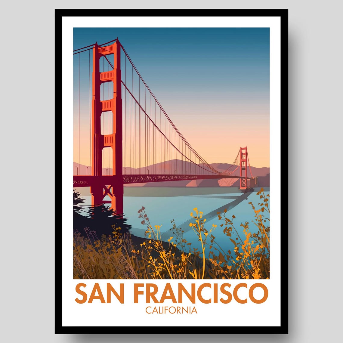 San Francisco California Golden Gate Bridge Sunset Bay Travel Poster