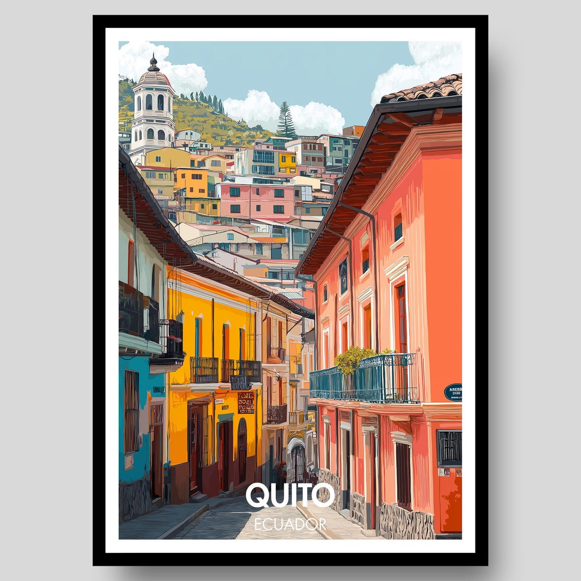 Quito Ecuador Cobblestone Street Colonial Old Town Travel Poster
