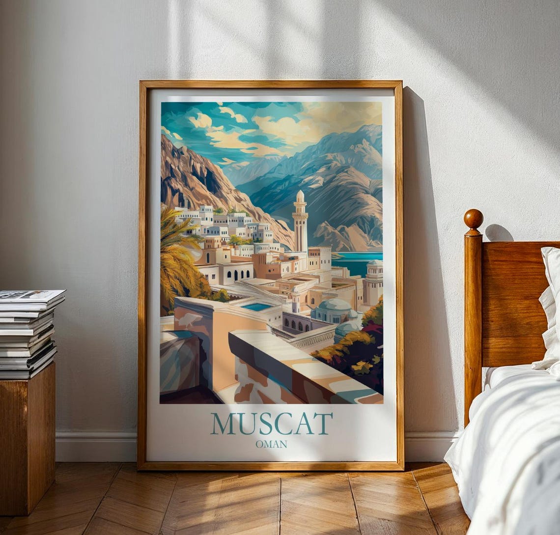 Muscat Oman White City Mountains Minaret Sunset Vintage Travel Poster
