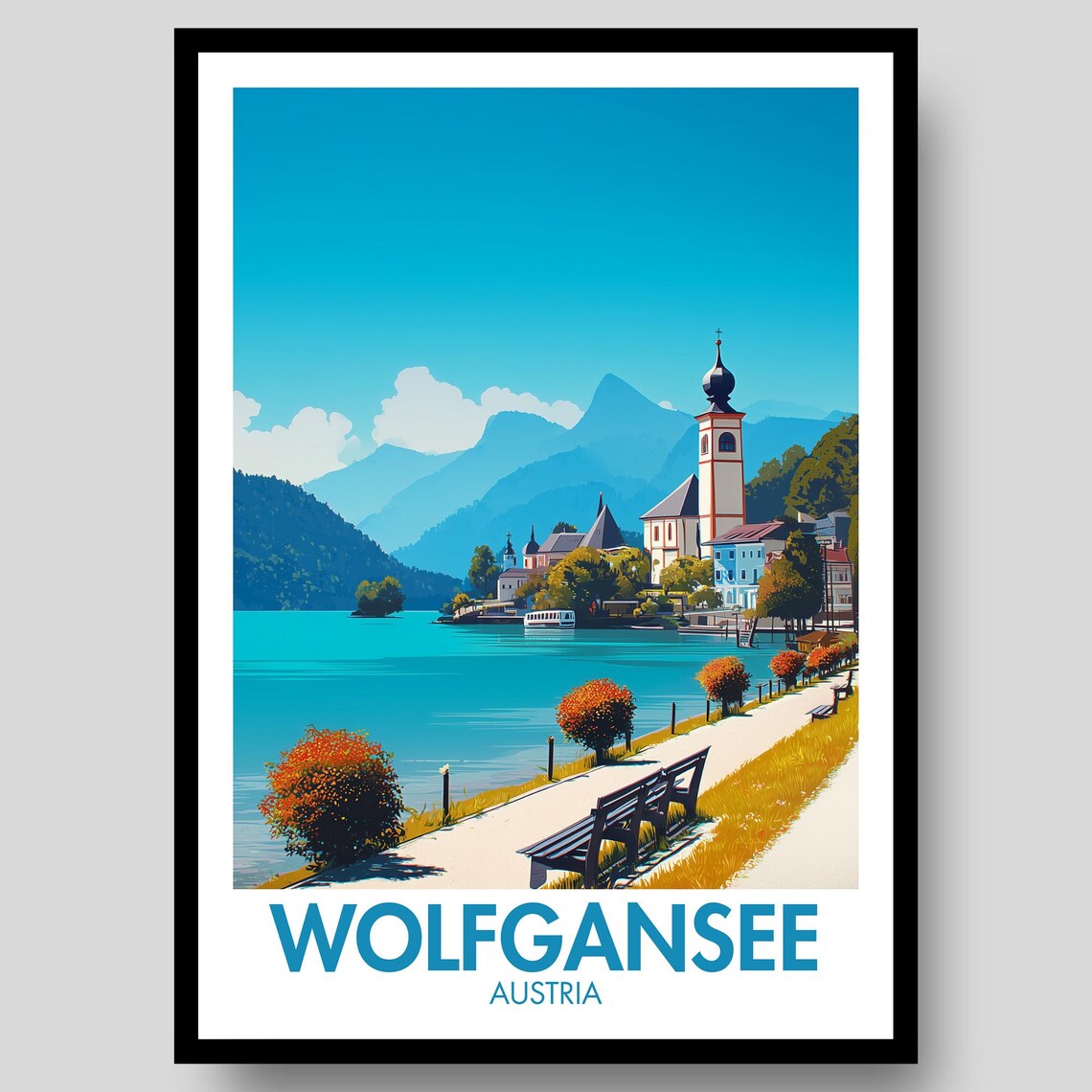 Wolfgangsee Poster, Austrian Alps Travel Poster