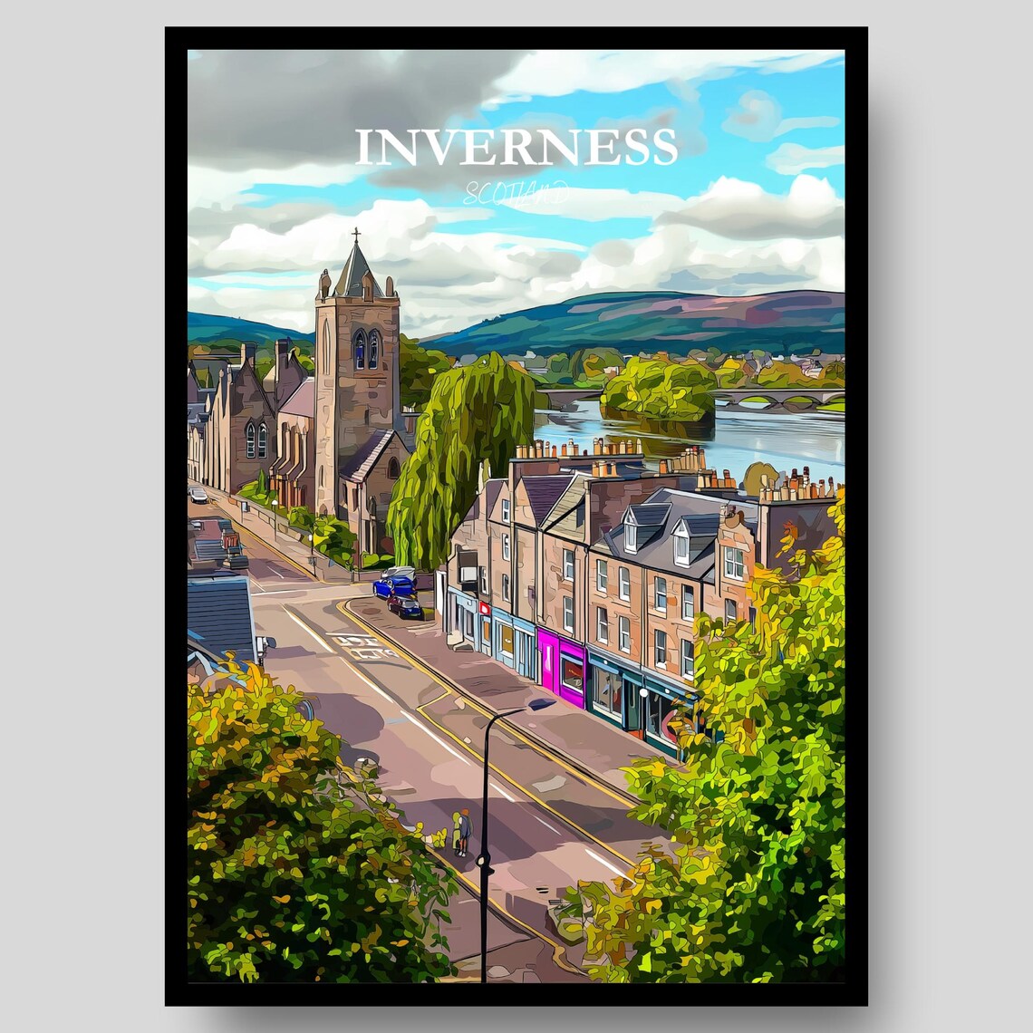 Inverness Scotland Historic Street Church River View Travel Poster