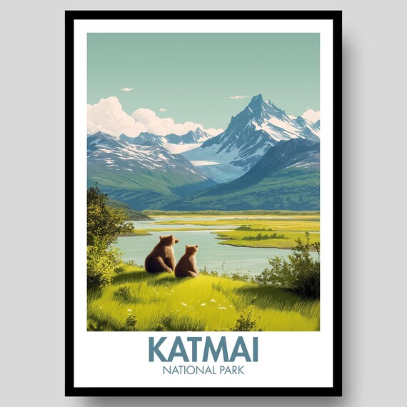 Katmai National Park Alaska Bears Lakeside Peaks Wildlife Art Poster