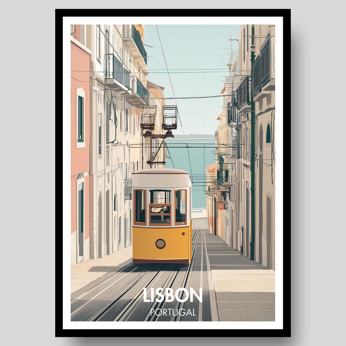 Lisbon Portugal Classic Yellow Tram Steep Street Retro Travel Poster