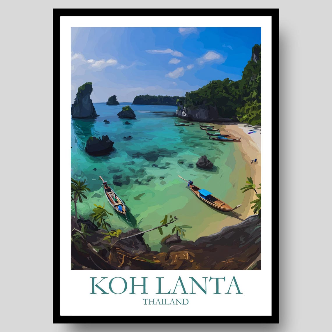 Koh Lanta Thailand Longtail Boat Limestone Bay Turquoise Water Poster