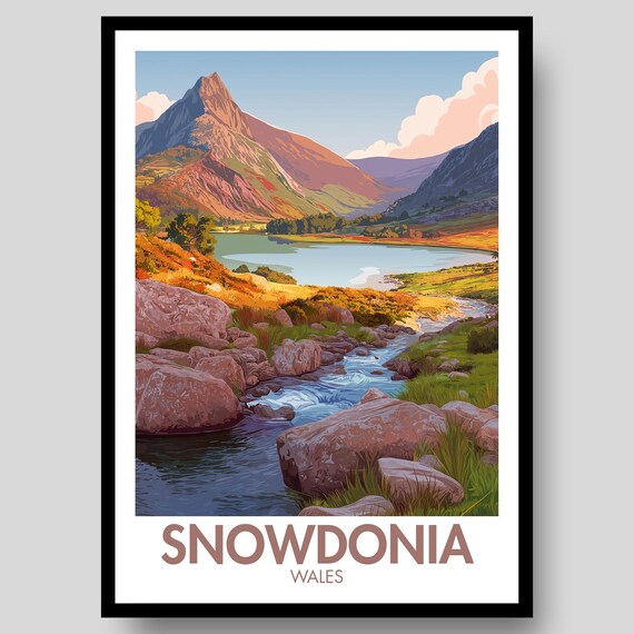 Snowdonia Wales Mountain Lake Retro National Park Travel Poster