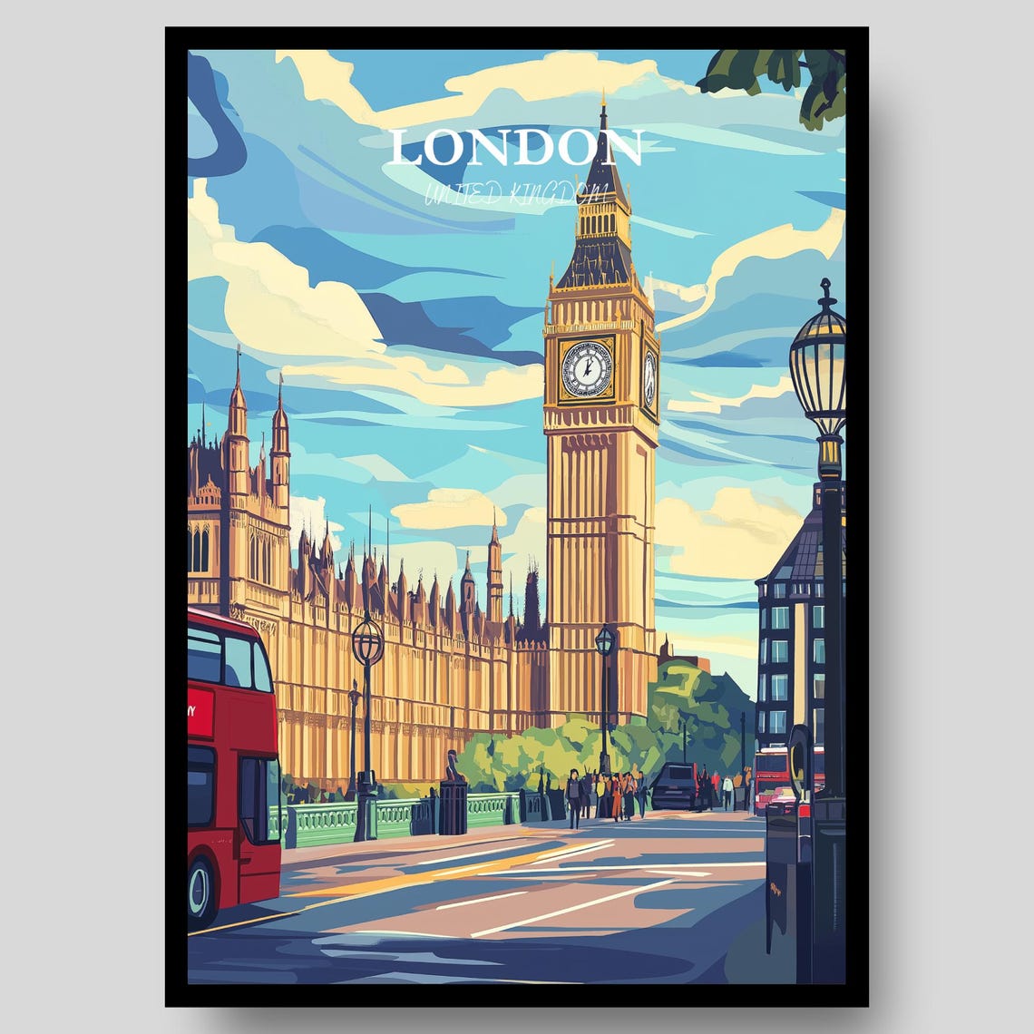 London United Kingdom Big Ben Westminster Red Bus Bridge Travel Poster