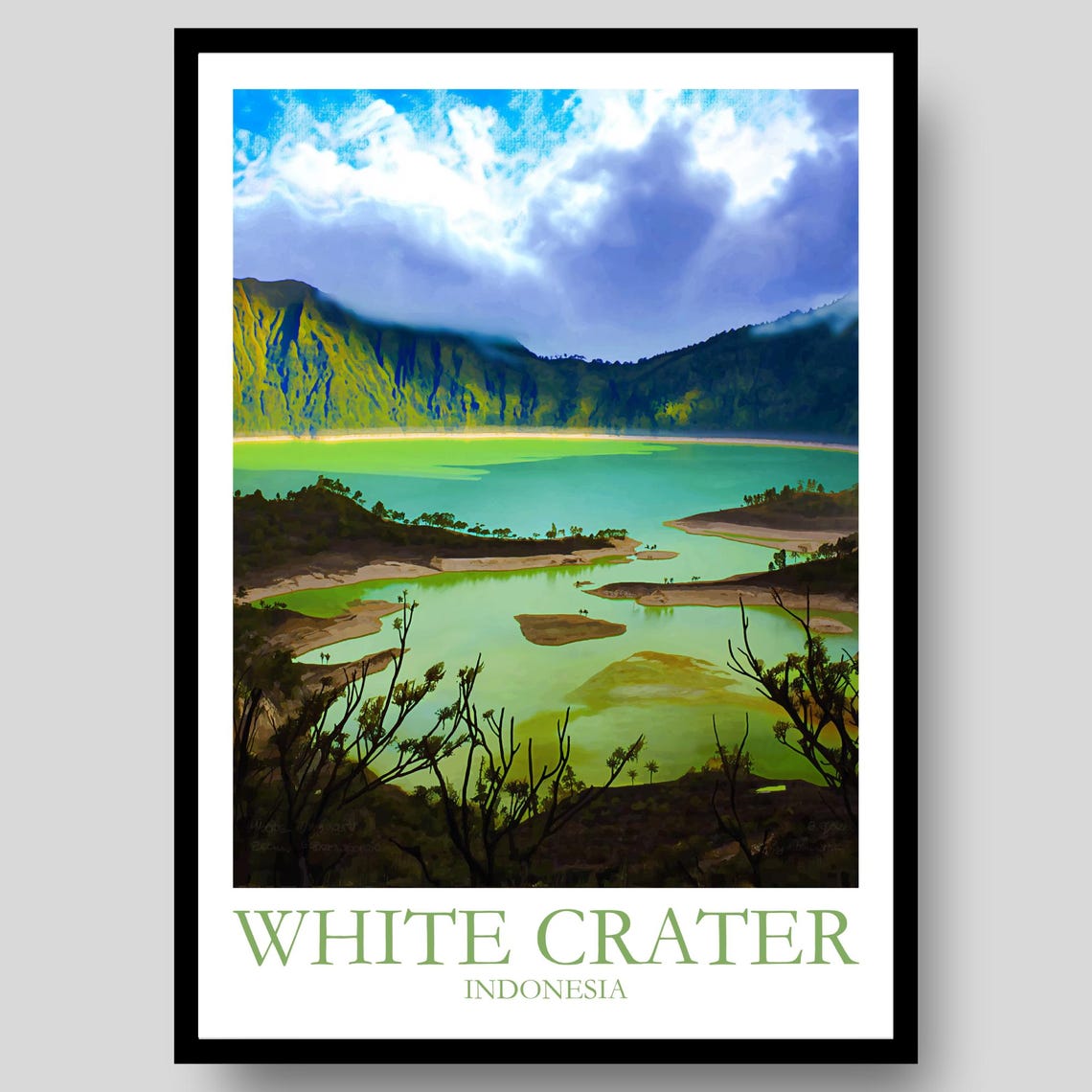 White Crater Indonesia Kawah Putih Green Lake Travel Art Poster