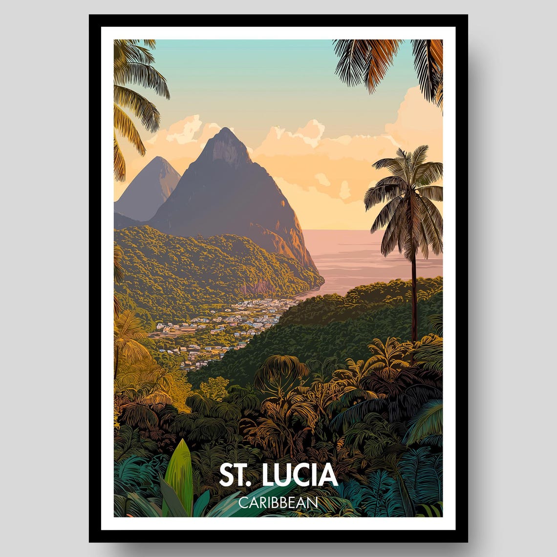 St Lucia Pitons Sunset Bay Village Vintage Caribbean Travel Poster