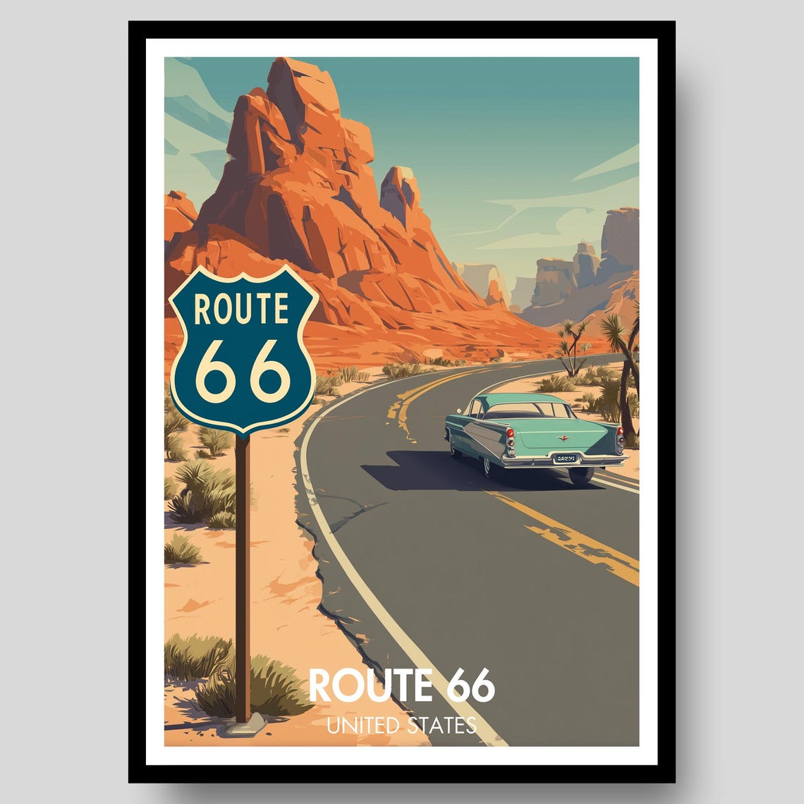 Route 66 United States Red Rock Desert Highway Drive Scene Poster