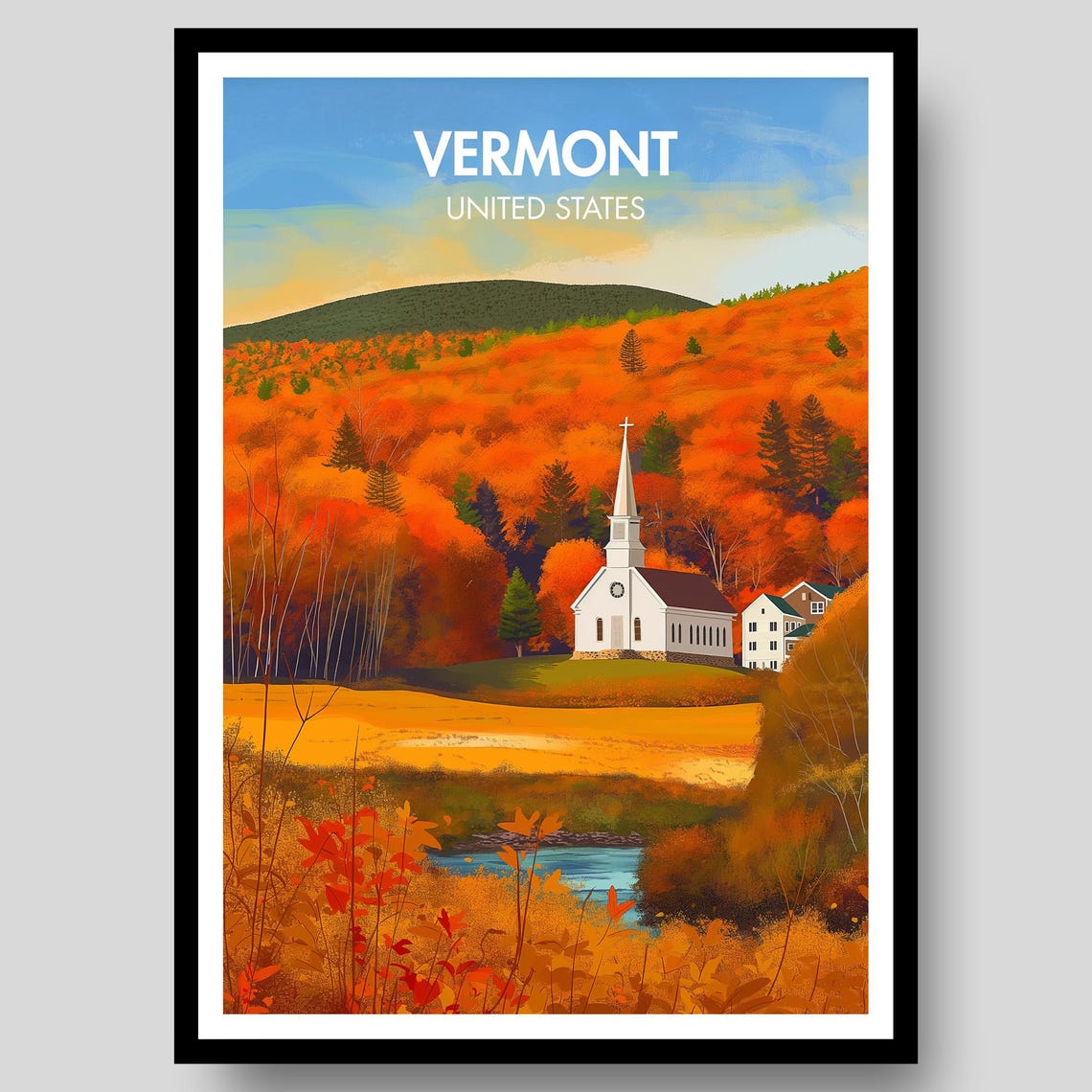 Vermont Fall Foliage White Church Autumn Colors Scene Poster