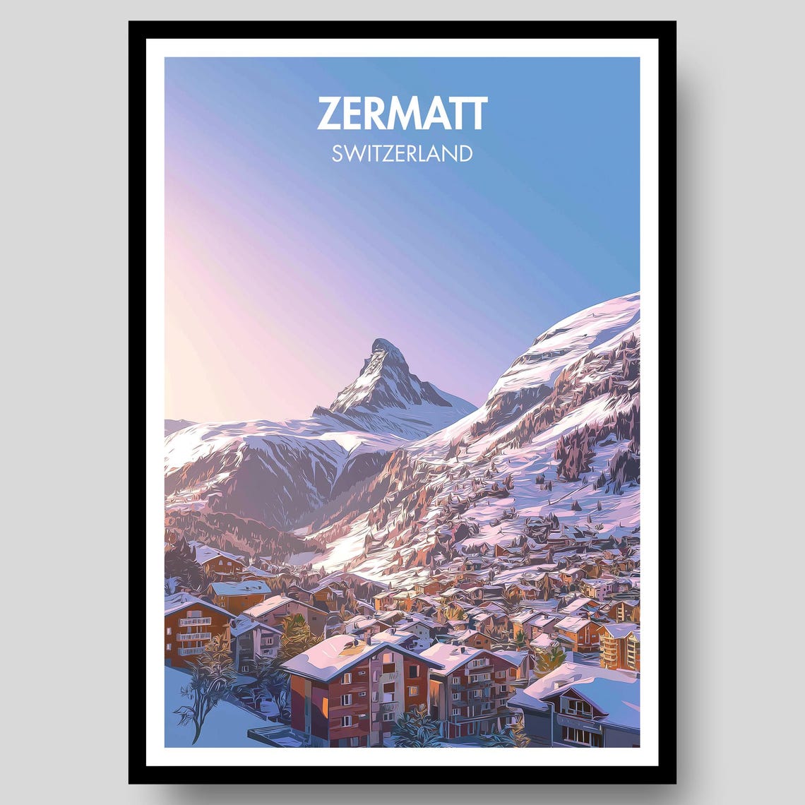 Zermatt Switzerland Matterhorn Snowy Village Alpine Dusk Art Poster