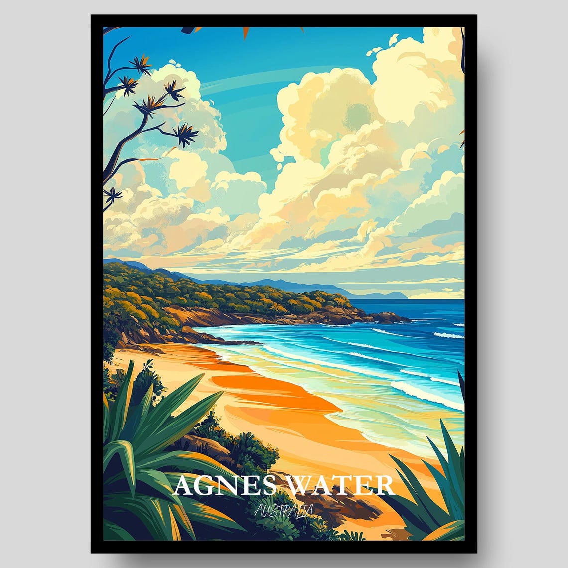 Agnes Water Australia Beach Cove Golden Sand Surf Art Poster