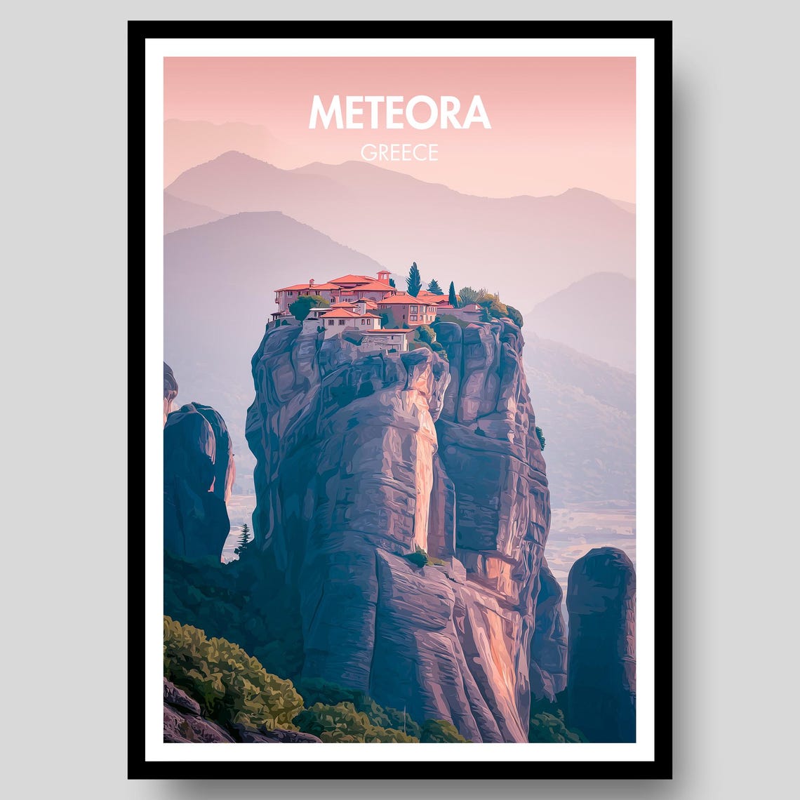 Meteora Greece Clifftop Monastery Pink Dawn Sky Majestic Travel Poster