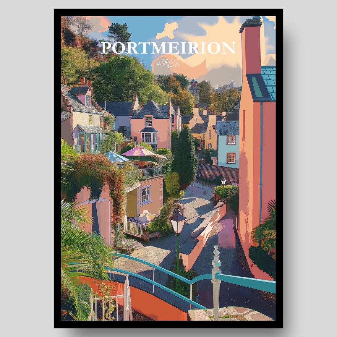 Portmeirion Wales Colorful Italianate Village Gardens Travel Poster