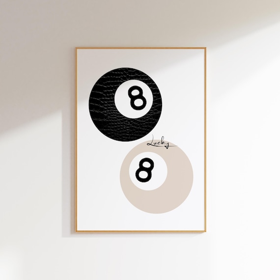 Neutral Wall Art Prints Eight Ball Poster Lucky Girl Beige Print Funky Home Decor Retro