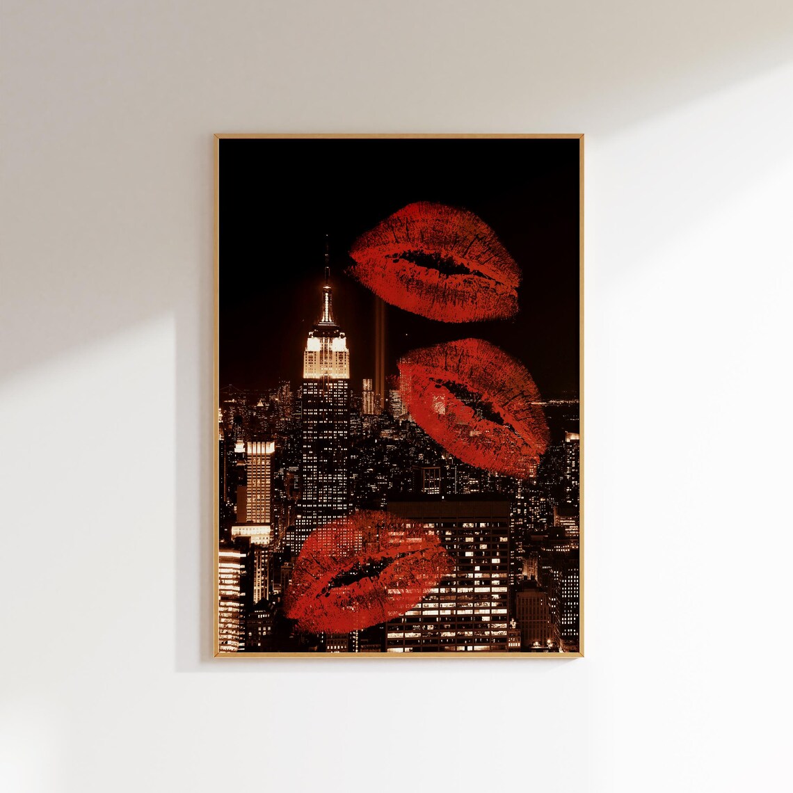 New York City Night Skyline Red Lipstick Kisses Glam Wall Poster