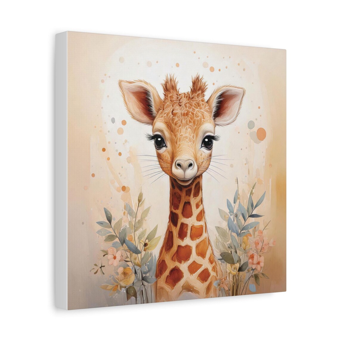 Baby Giraffe Pastel Watercolor Nursery Portrait with Soft Florals Poster - Image 3