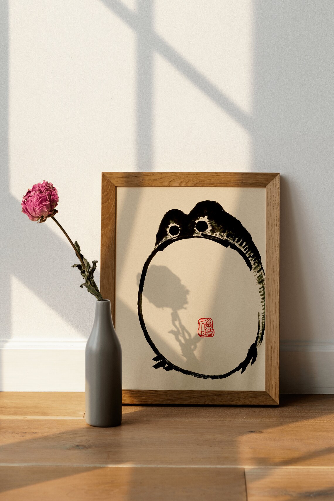 Japanese Frog Ink Painting Enso Circle Red Seal Zen Style Poster - Image 2