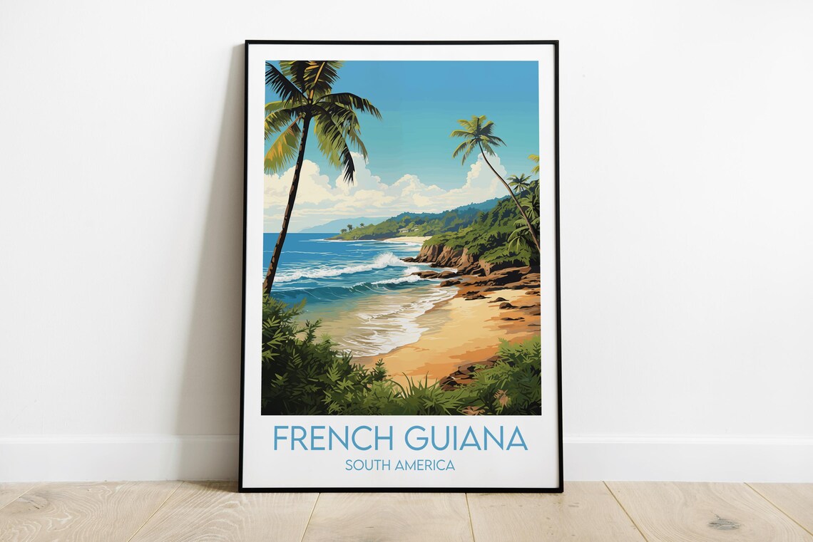 French Guiana South America Tropical Beach Vintage Travel Poster