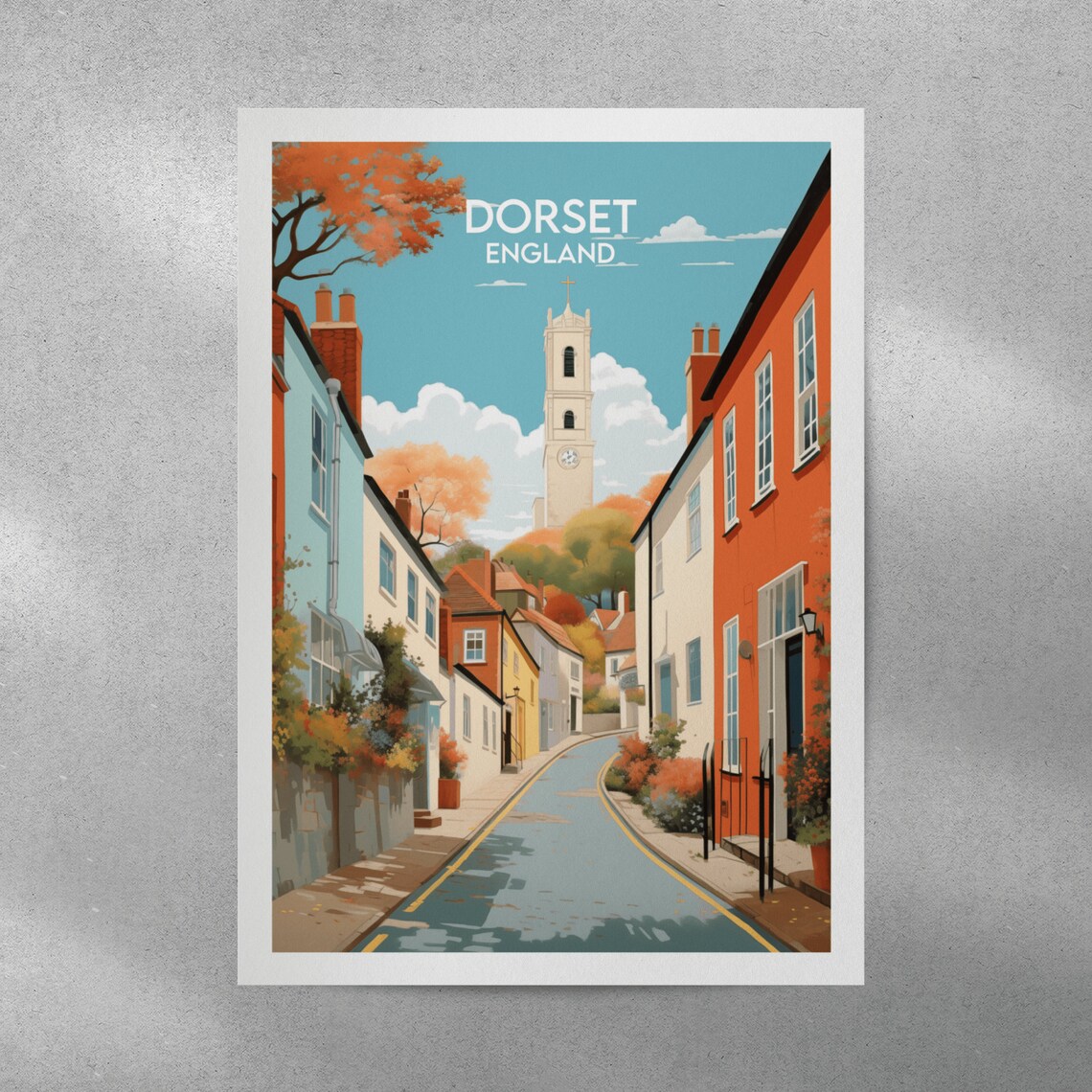 Dorset England Village Street Church Tower Autumn Travel Poster - Image 3