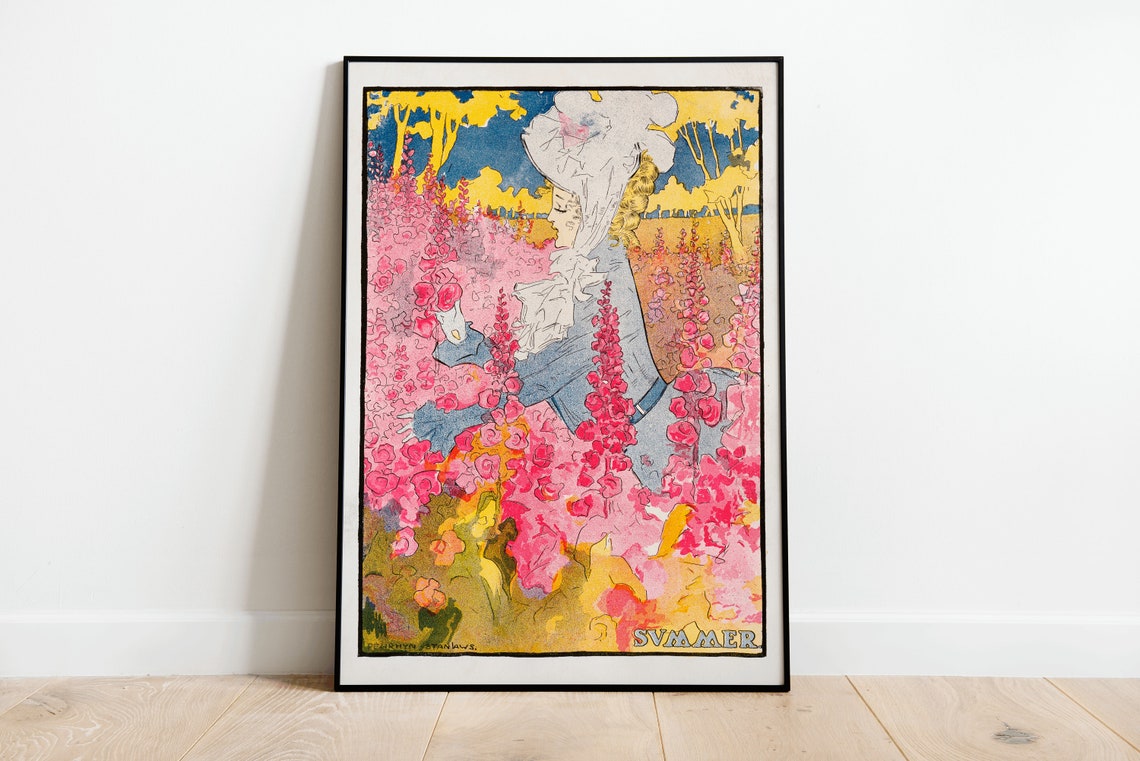 Summer Woman Among Pink Flowers Vintage Art Nouveau Floral Poster