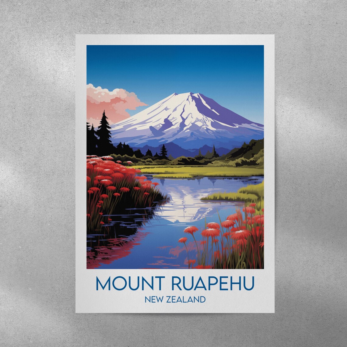Mount Ruapehu New Zealand Volcano Red Flower Lake View Poster - Image 4
