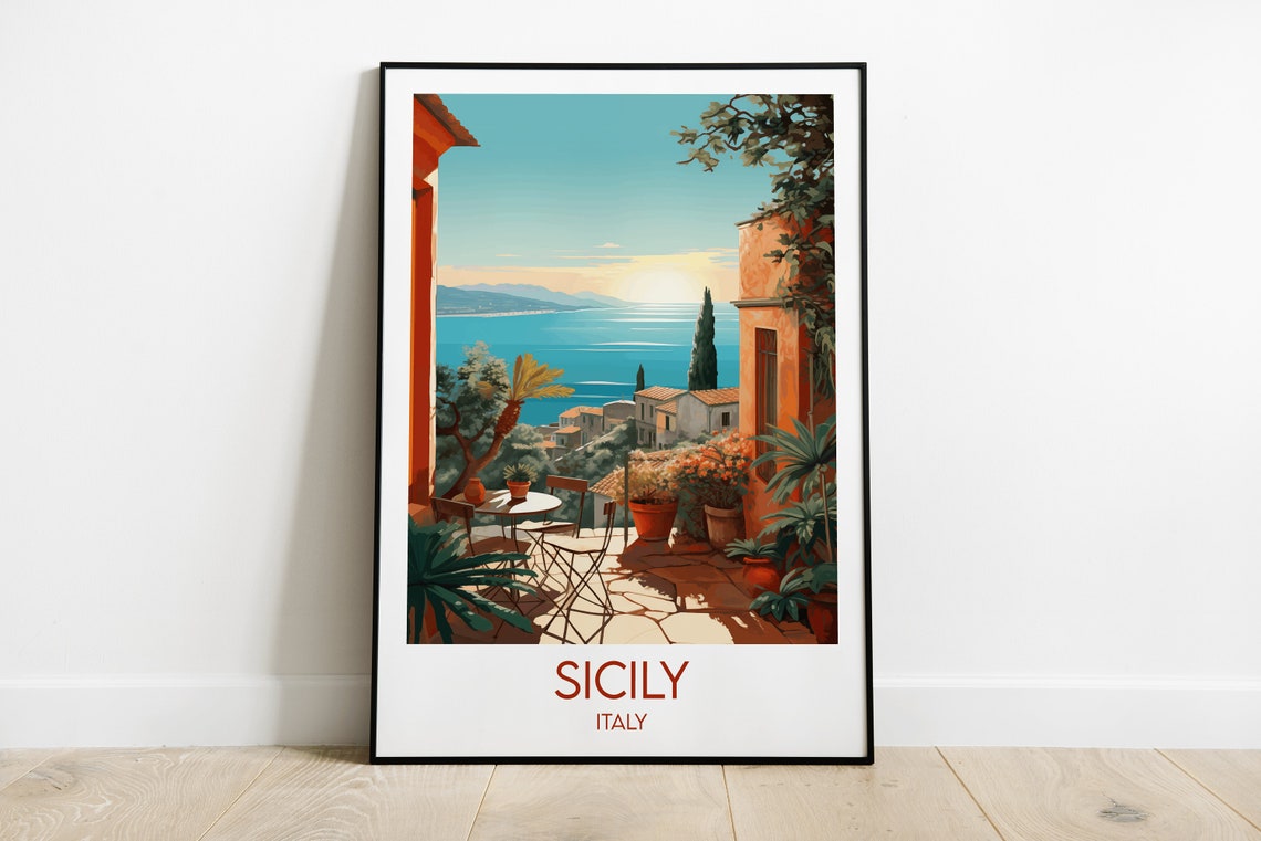 Sicily Italy Coastal Terrace Sea View Sunset Mediterranean Poster