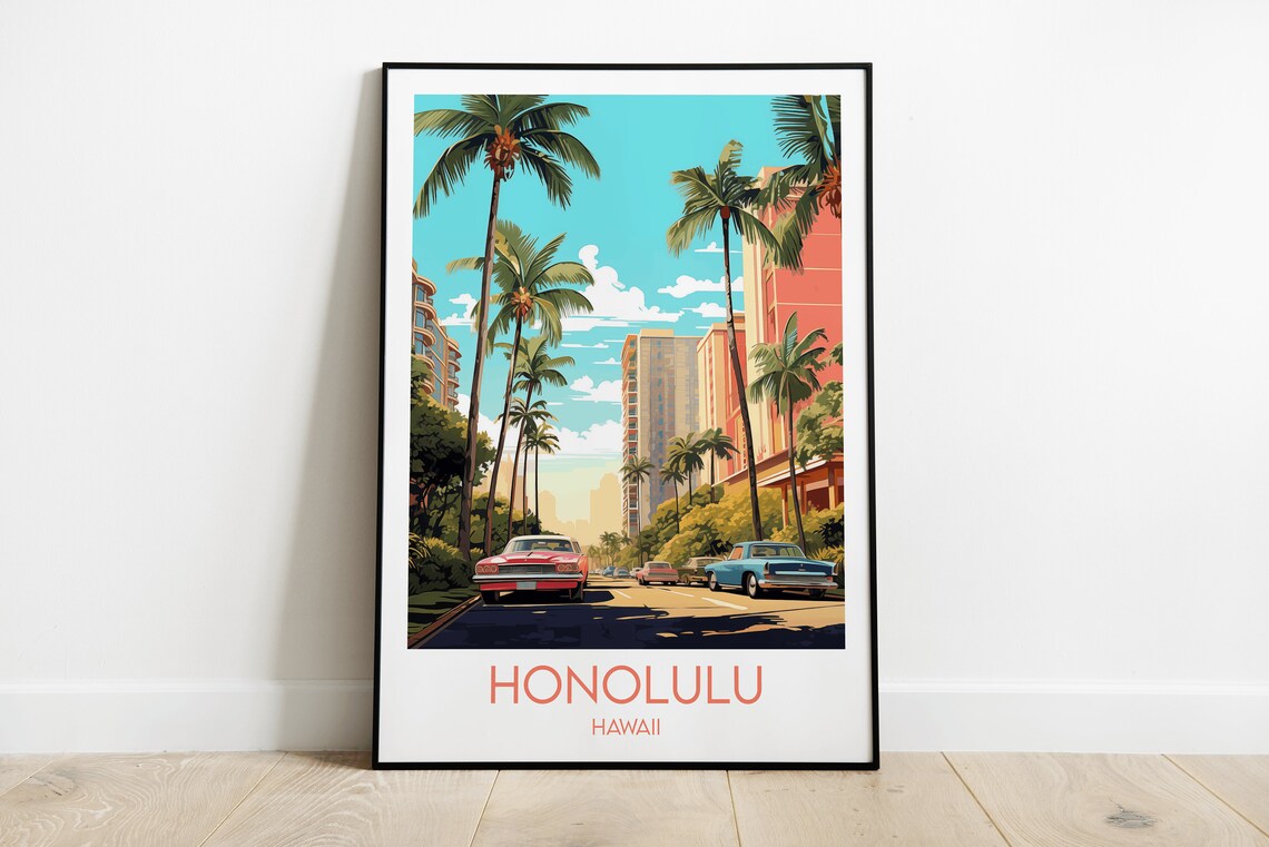 Honolulu Hawaii Palm Lined Street Classic Cars Retro Travel Poster