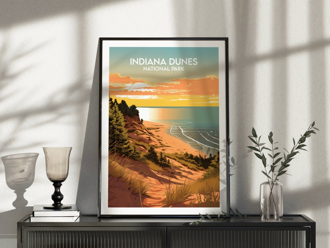 Indiana Dunes National Park Sunset Lakeshore Retro Vintage Poster - Image 3