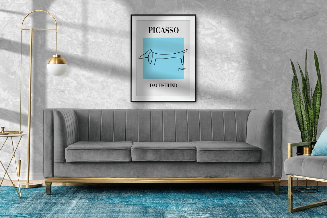 Picasso Dachshund Dog Line Art Drawing Blue Exhibition Poster - Image 3