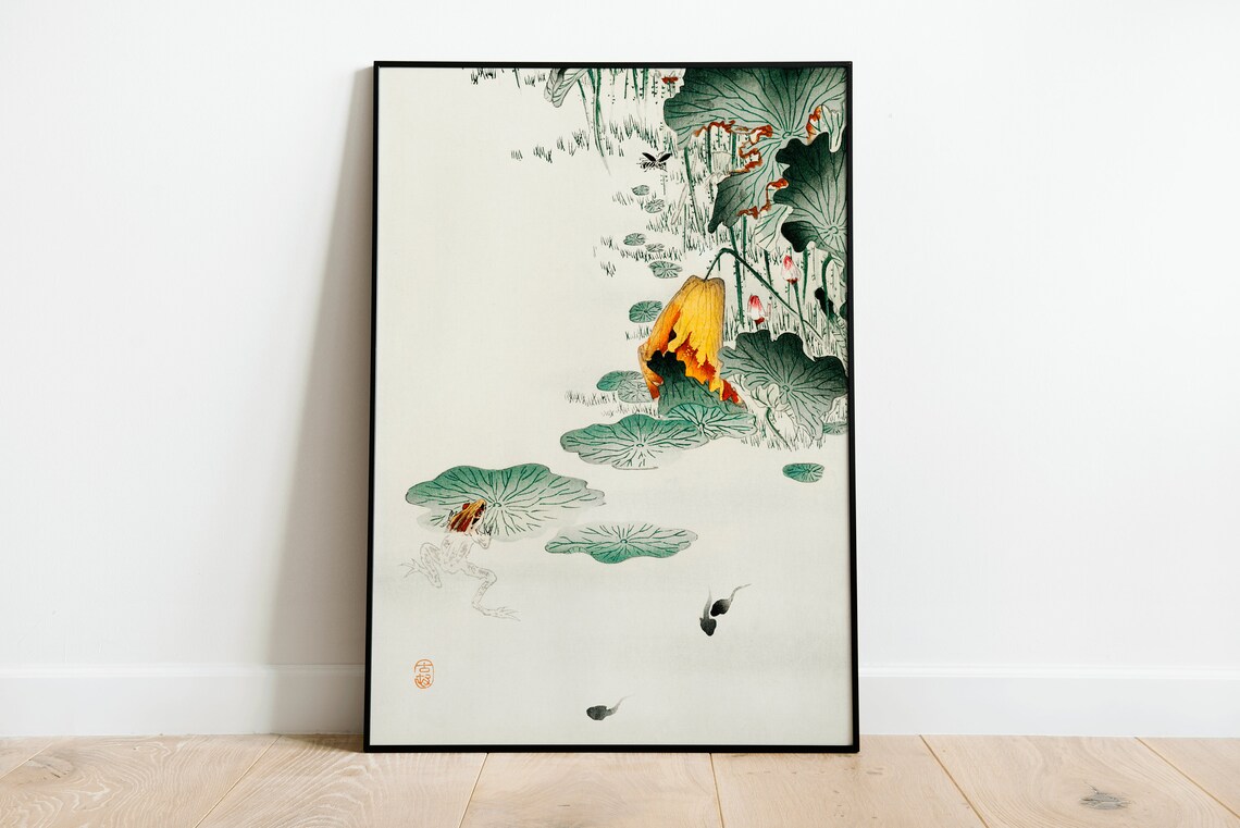 Japanese Tadpole Frogs, Woodblock Illustration Art Print