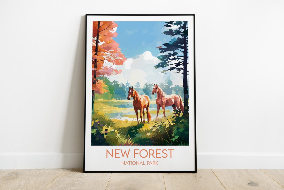 New Forest National Park Wild Horses Meadow Retro Travel Poster