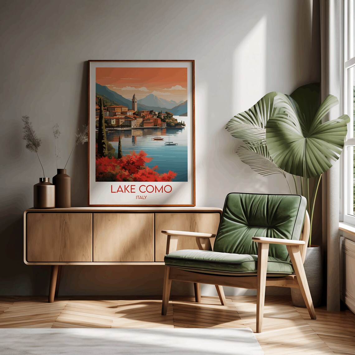 Lake Como Italy Sunset Village Bell Tower Lakeside Travel Art Poster - Image 3
