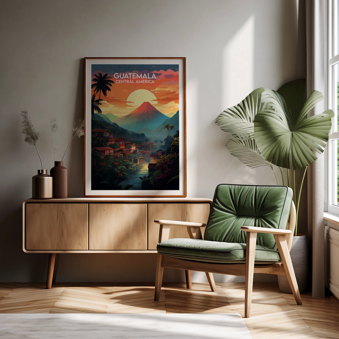 Guatemala Central America Volcano Sunset Village Travel Poster - Image 2