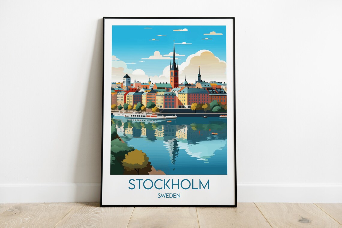 Stockholm Sweden Waterfront Old Town Spires Ferry Travel Poster