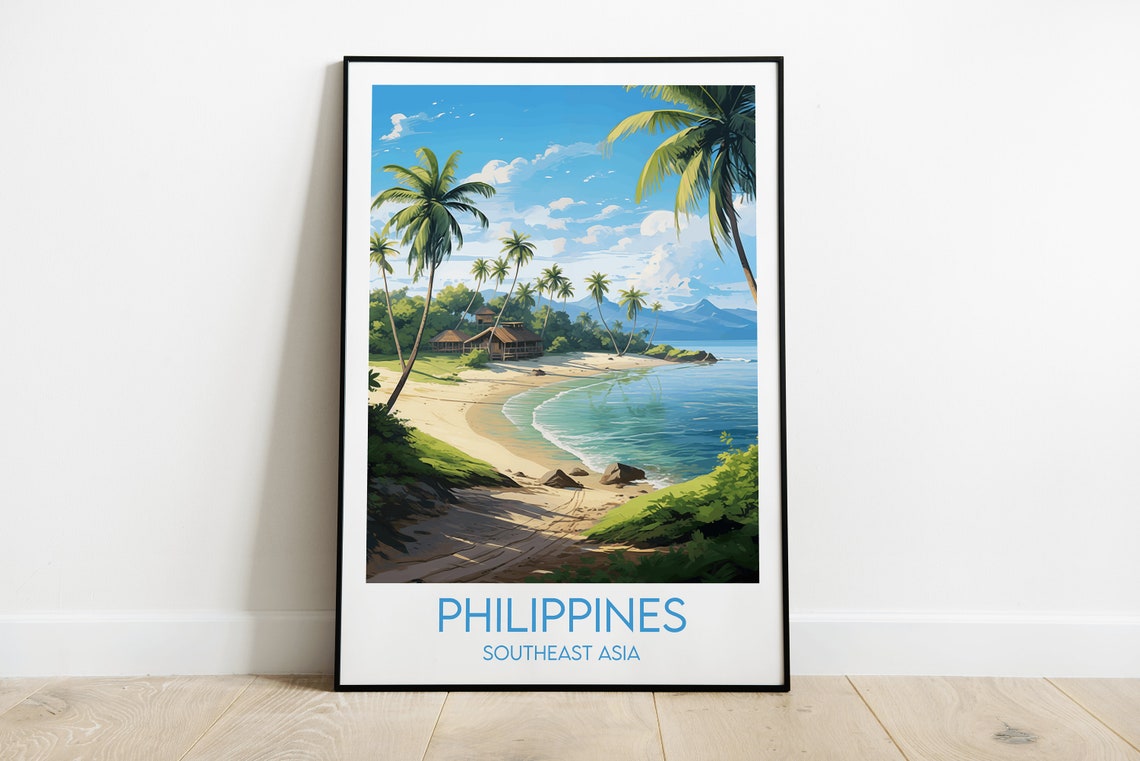 Philippines Southeast Asia Tropical Beach Palms Vintage Travel Poster