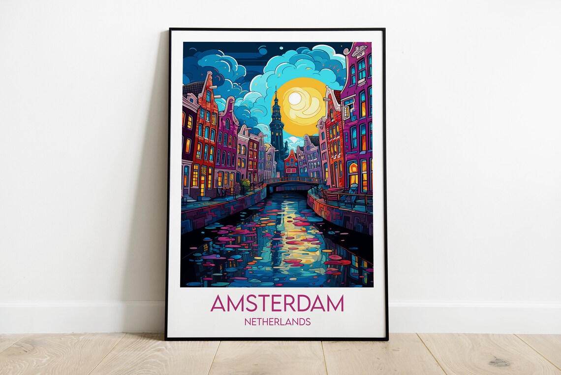 Amsterdam Netherlands Neon Night Canal Gabled Houses Travel Poster