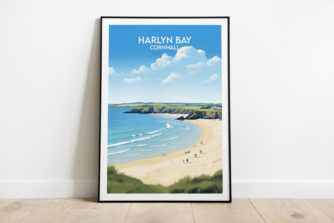 Harlyn Bay Cornwall Golden Beach Cliffs Vintage Travel Poster
