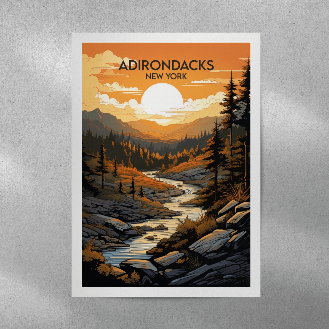 Adirondacks New York Sunset River Rocks Wilderness Travel Poster - Image 3