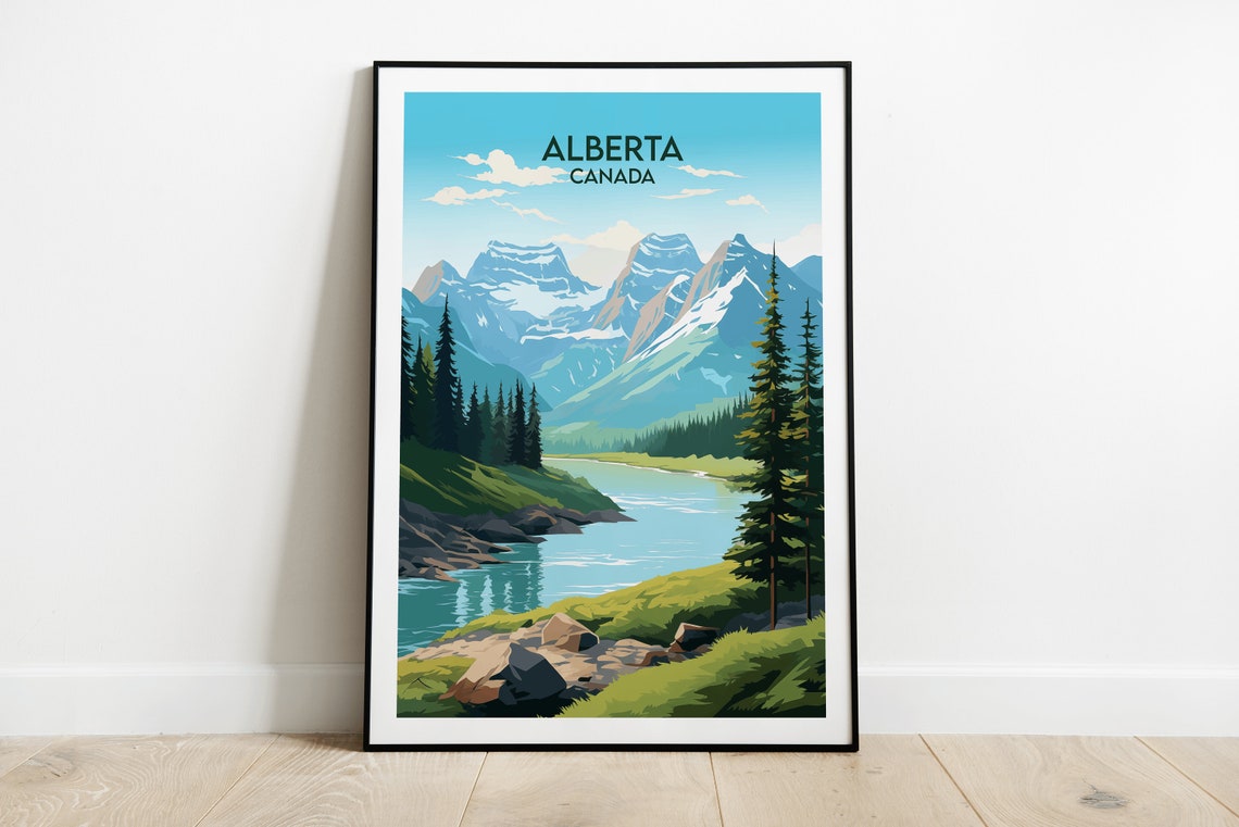 Alberta Canada Summer Mountain Lake Valley Scene Travel Poster