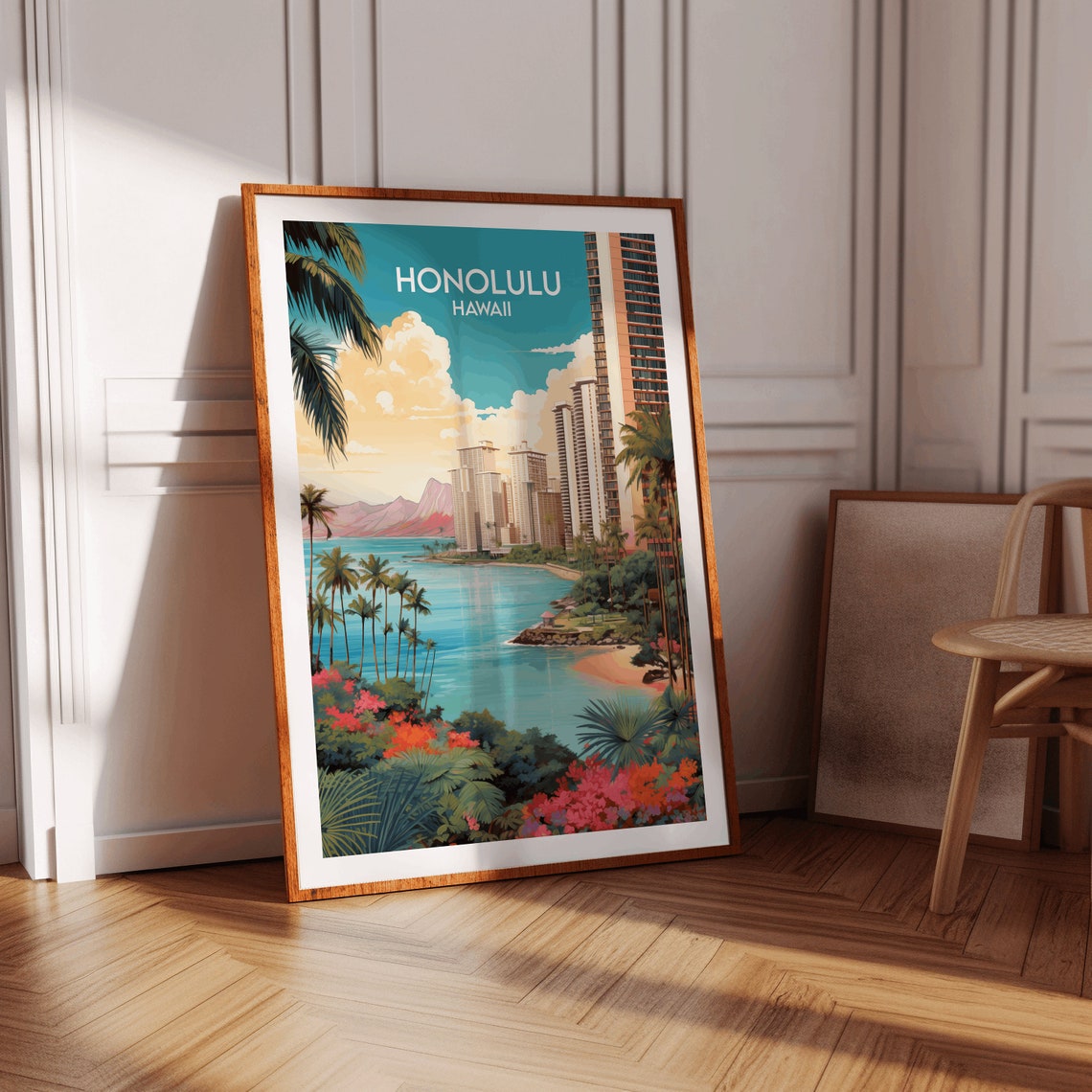 Honolulu Hawaii Tropical Bay Skyline Palm Trees Travel Poster - Image 2