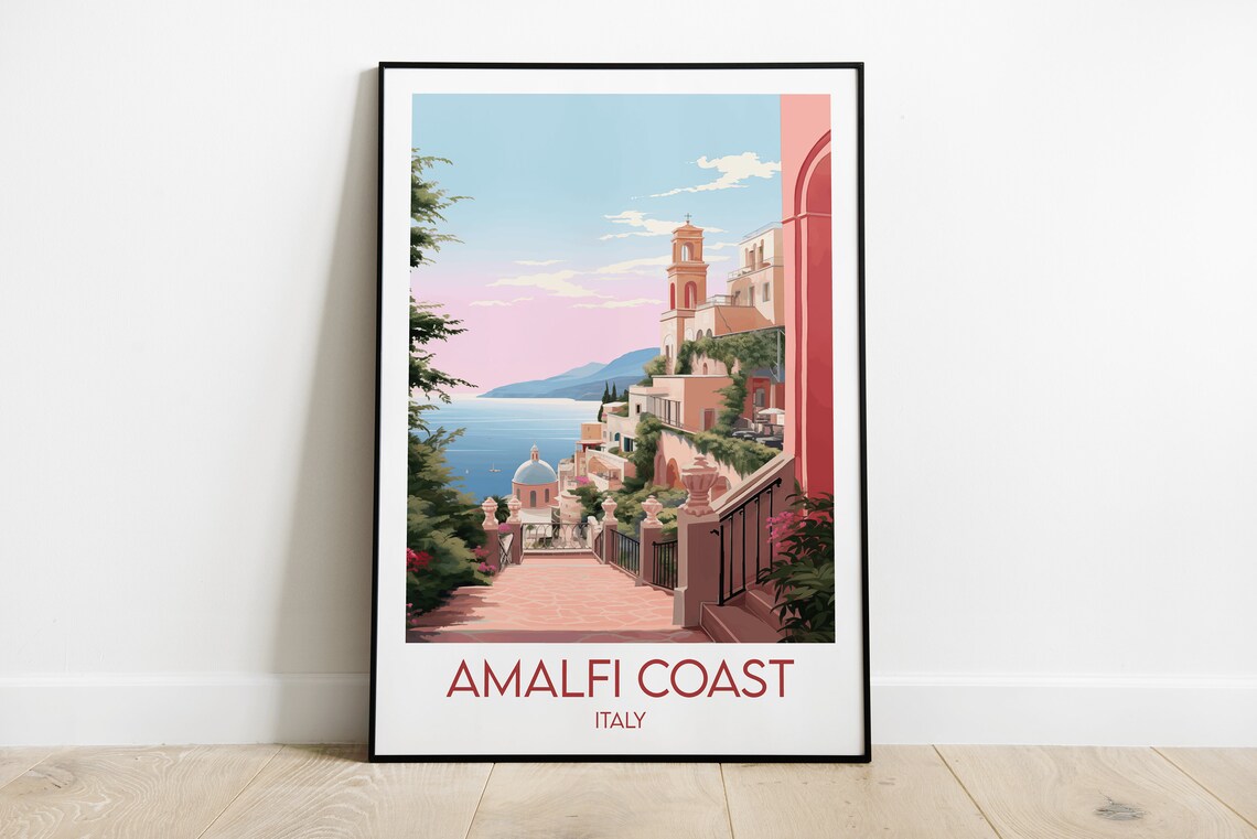 Amalfi Coast Italy Terrace Steps Sea View Mediterranean Travel Poster