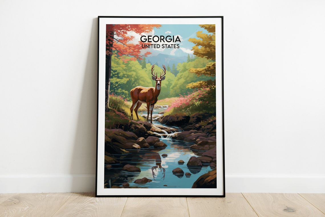 Georgia United States Buck by Mountain Stream Forest Scene Poster