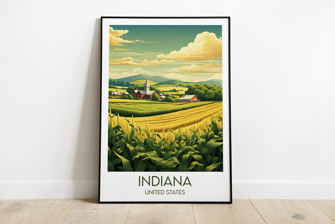 Indiana United States Golden Cornfield Farm Scenic Travel Poster