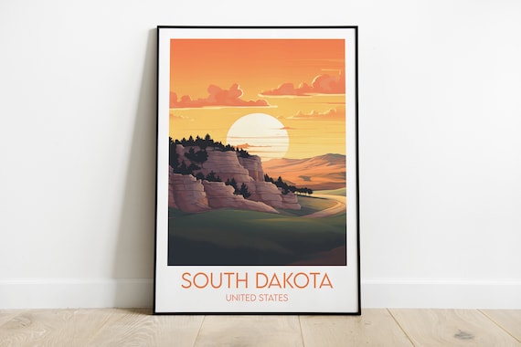 South Dakota Sunset Vintage Travel Poster Prairie Cliffs View