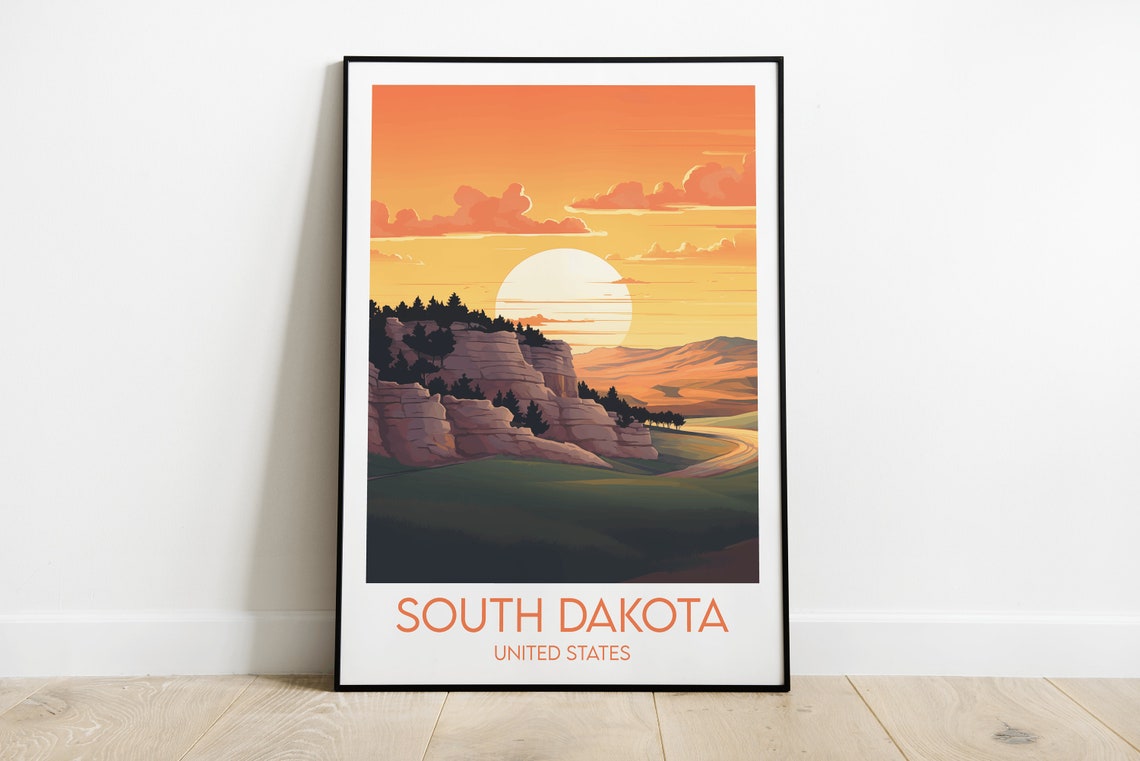 South Dakota Sunset Vintage Travel Poster Prairie Cliffs View