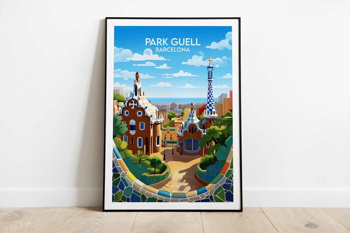 Park Guell Barcelona Gaudi Mosaic Gatehouse Gardens City Travel Poster