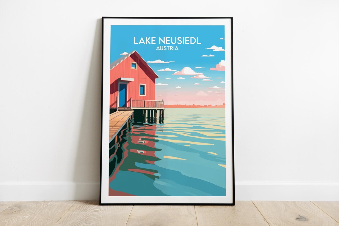 Lake Neusiedl Austria Retro Travel Poster with Red Boathouse