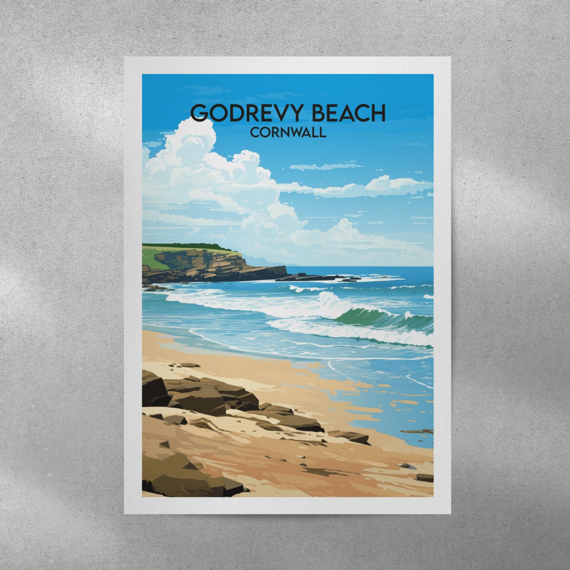 Godrevy Beach Cornwall Sandy Shore Waves Coastal Travel Poster - Image 3